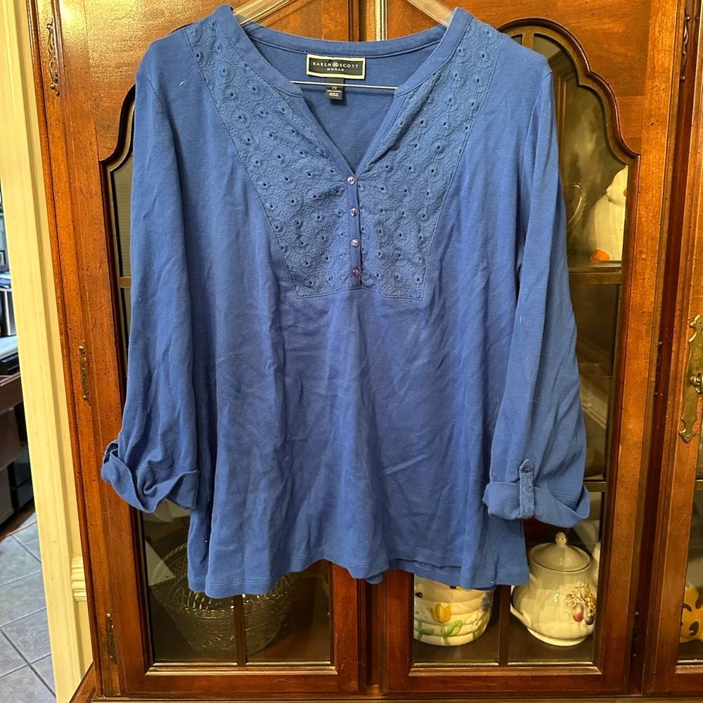 KAREN SCOTT Blue Long Sleeve Embroidered Top w/Buttons Rolled Cuff Size 2X